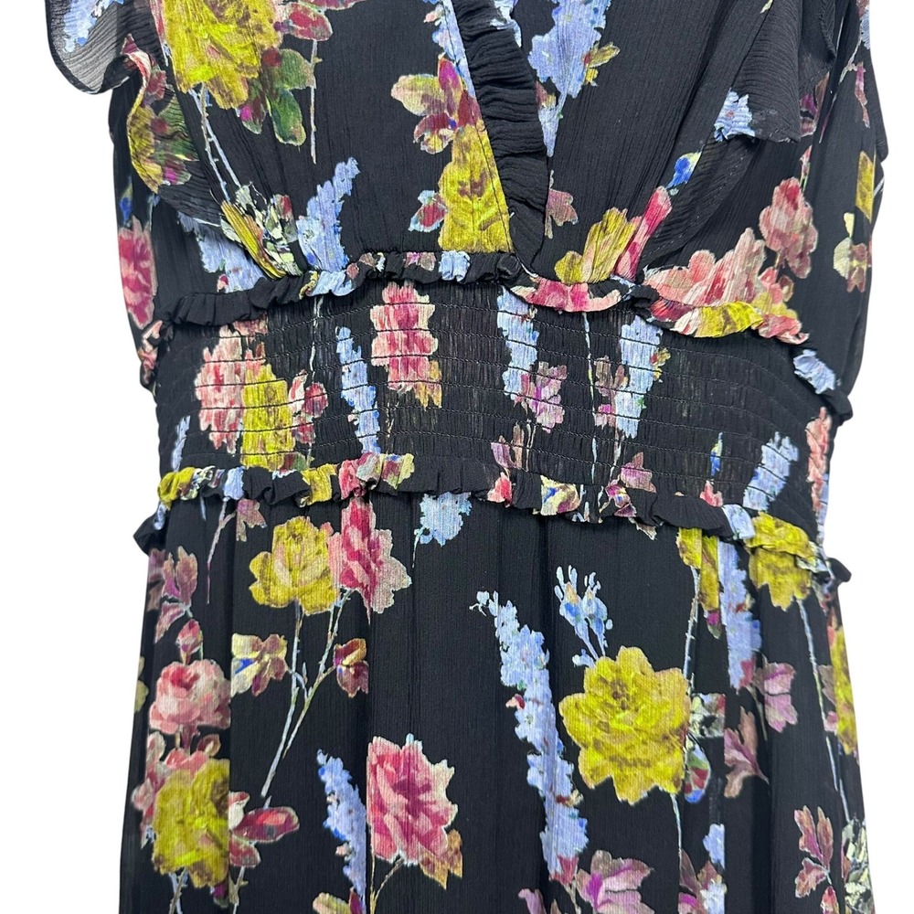 PAIGE Katharina Sleeveless Silk Chiffon Midi Dress Black‎ Floral Smocked Waist S - Picture 9 of 14